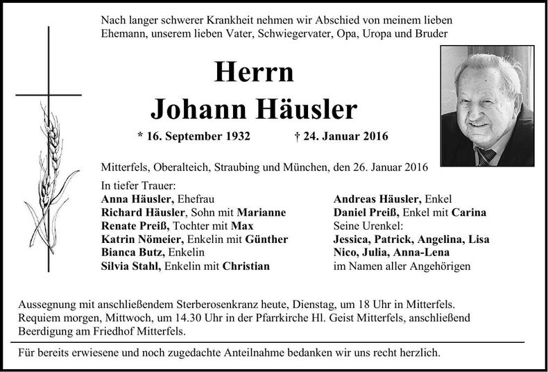 Traueranzeige Johann Häusler
