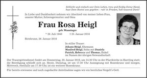 Traueranzeige Rosa Heigl