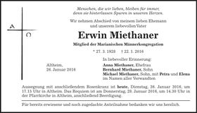 Traueranzeige Erwin Miethaner