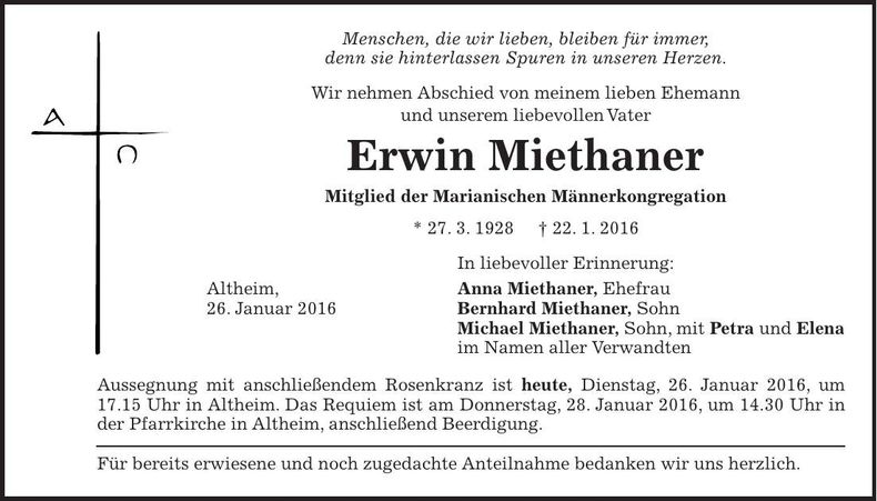 Traueranzeige Erwin Miethaner