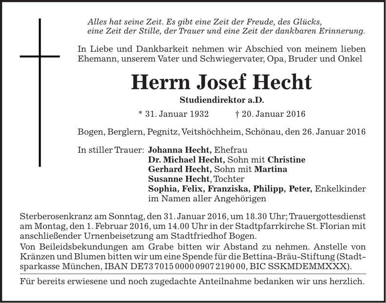 Traueranzeige Josef Hecht