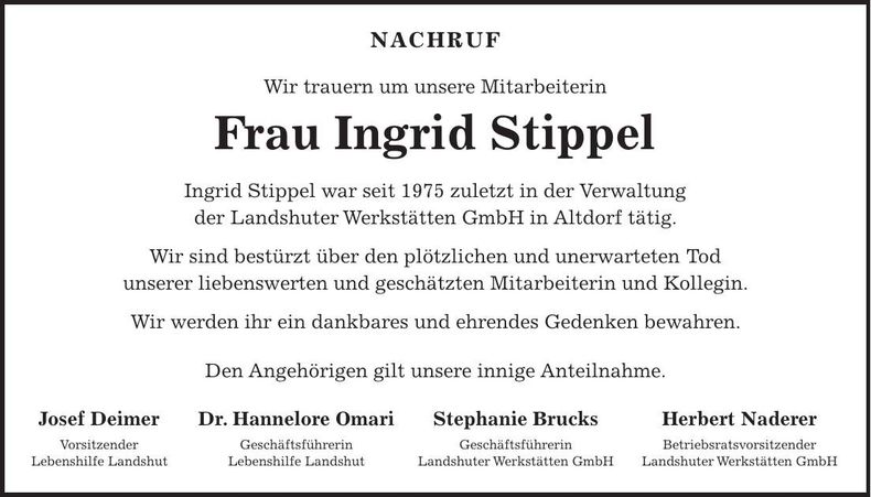 Traueranzeige Ingrid Stippel