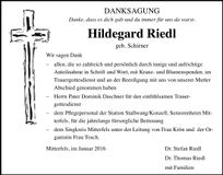 Traueranzeige Hildegard Riedl
