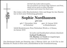 Traueranzeige Sophie Nordhausen