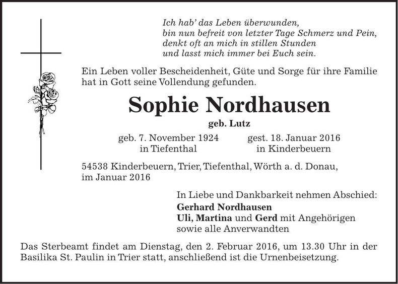 Traueranzeige Sophie Nordhausen