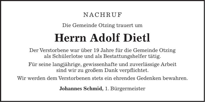 Traueranzeige Adolf Dietl