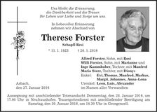 Traueranzeige Therese Forster