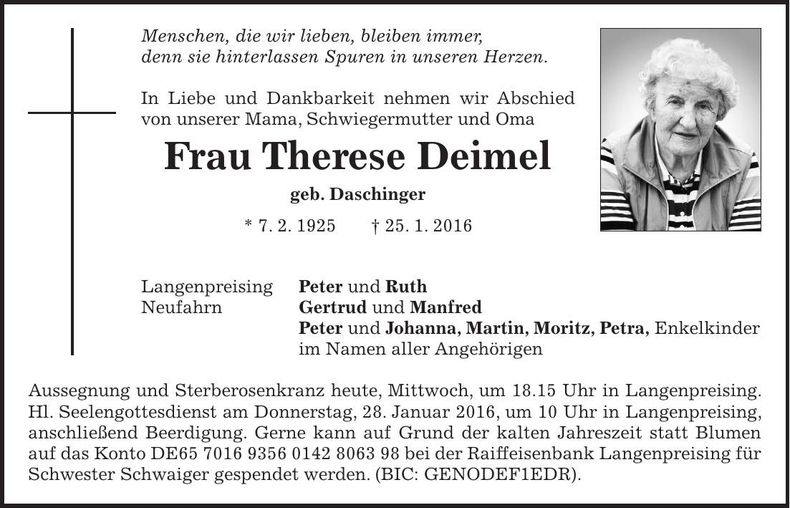 Traueranzeige Therese Deimel