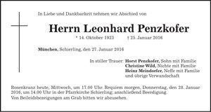 Traueranzeige Leonhard Penzkofer