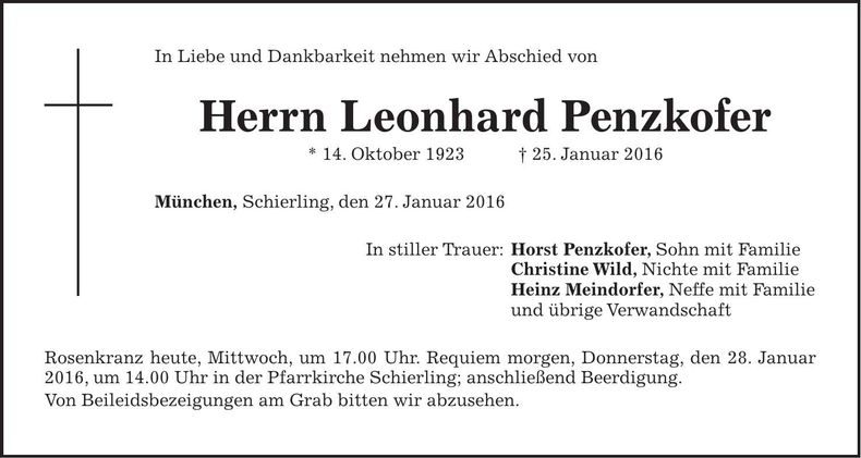 Traueranzeige Leonhard Penzkofer