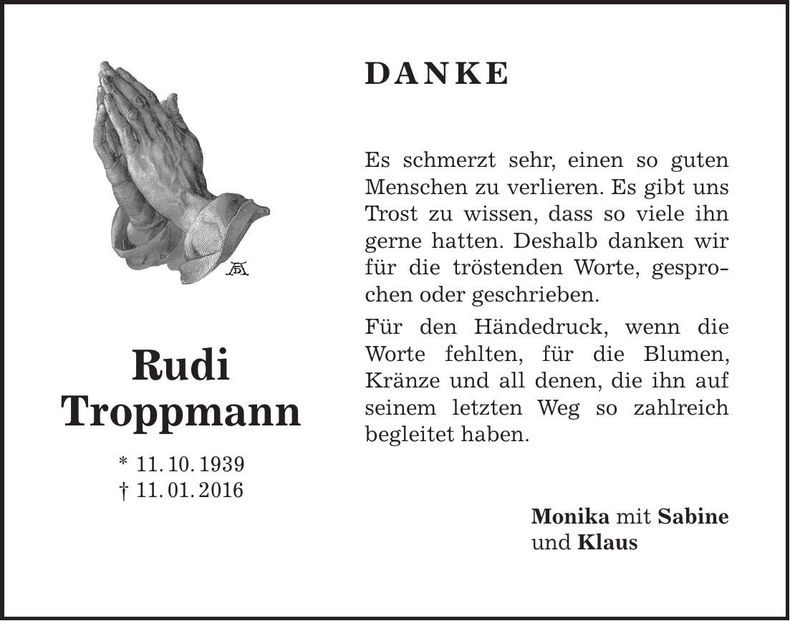 Traueranzeige Rudi Troppmann