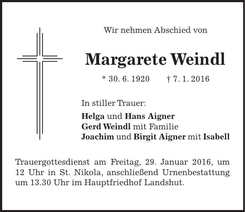 Traueranzeige Margarete Weindl