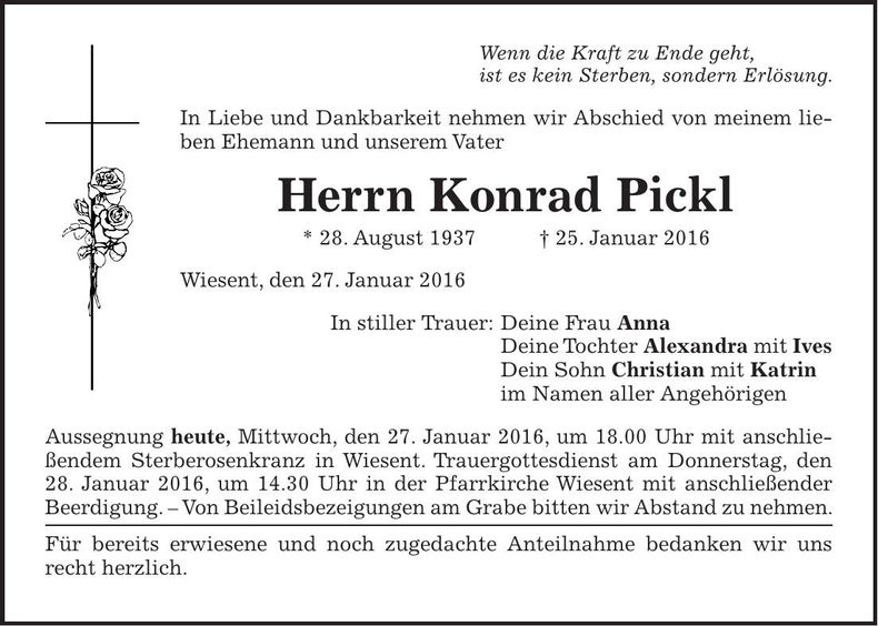 Traueranzeige Konrad Pickl