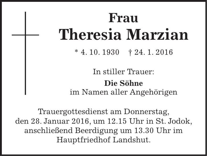 Traueranzeige Theresia Marzian