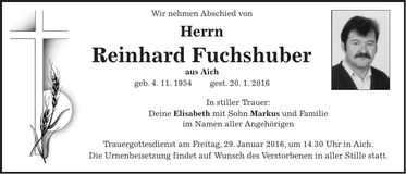 Traueranzeige Reinhard Fuchshuber