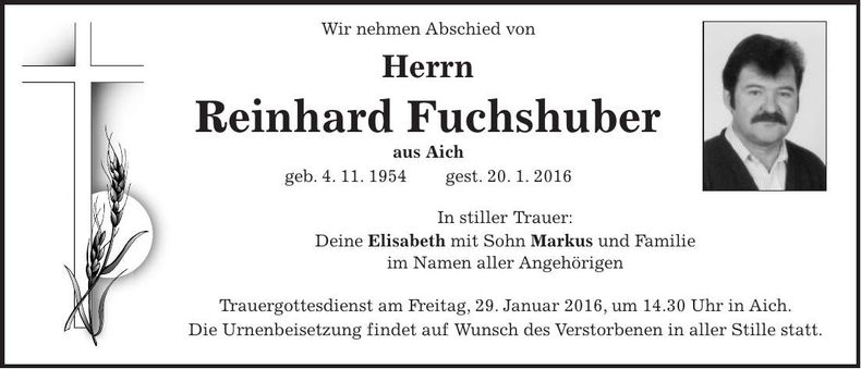 Traueranzeige Reinhard Fuchshuber