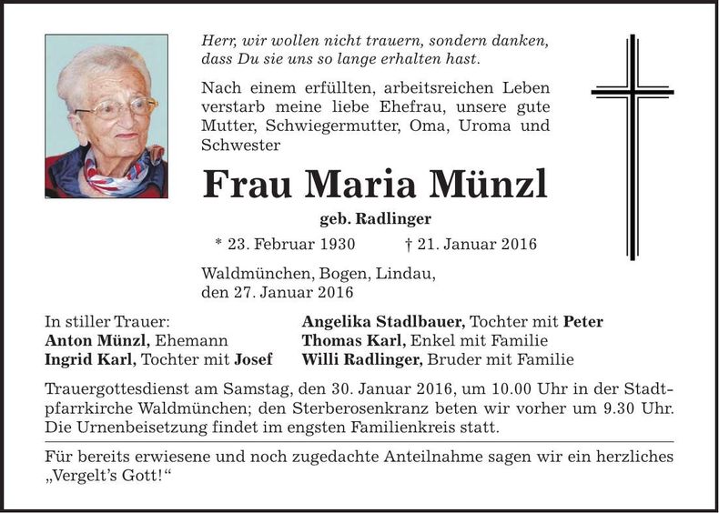 Traueranzeige Maria Münzl