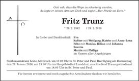 Traueranzeige Fritz Trunz