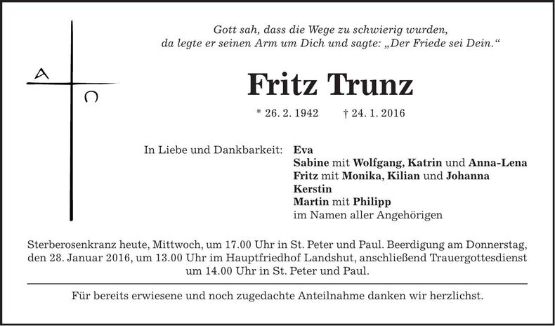 Traueranzeige Fritz Trunz