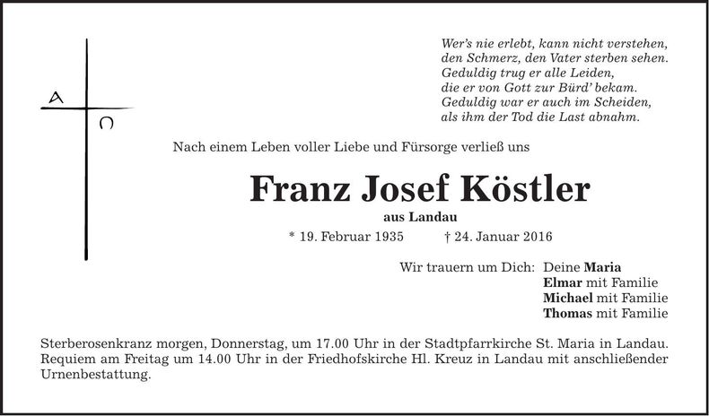 Traueranzeige Josef Köstler
