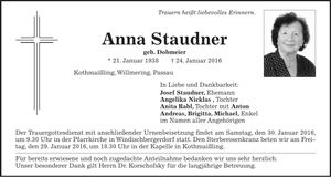 Traueranzeige Anna Staudner