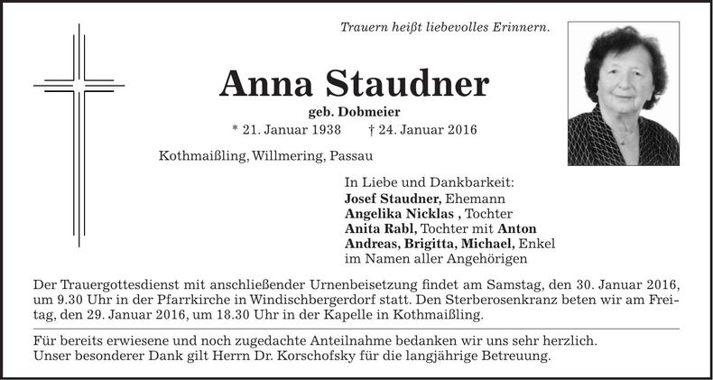 Traueranzeige Anna Staudner