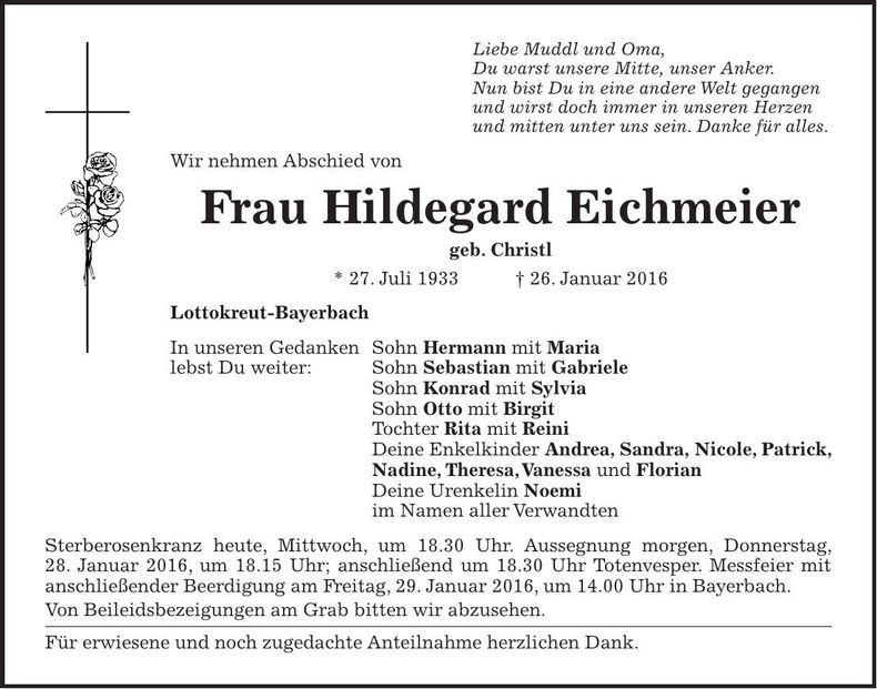 Traueranzeige Hildegard Eichmeier
