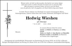 Traueranzeige Hedwig Wiesheu