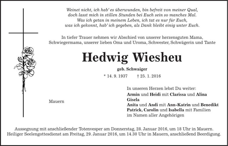 Traueranzeige Hedwig Wiesheu