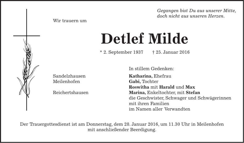 Traueranzeige Detlef Milde