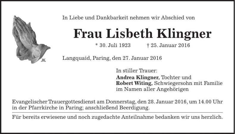 Traueranzeige Lisbeth Klingner