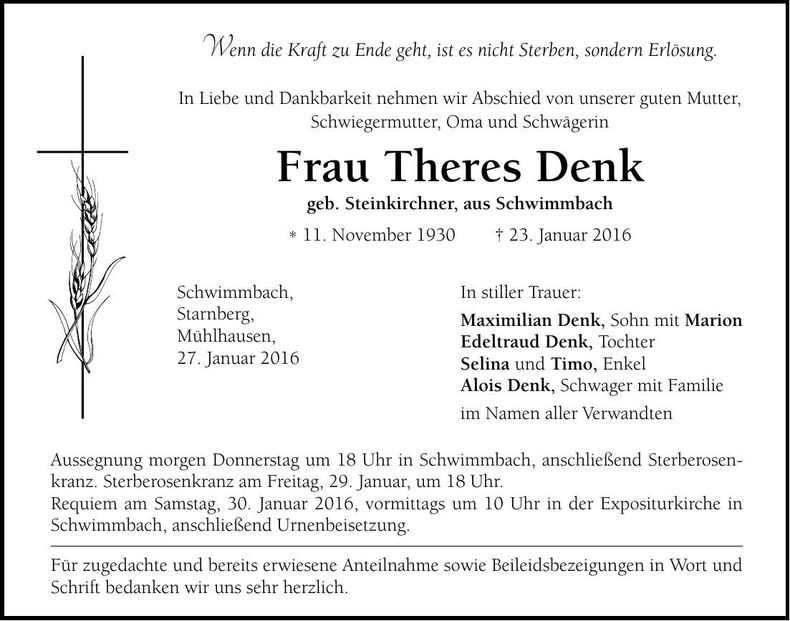 Traueranzeige Theres Denk