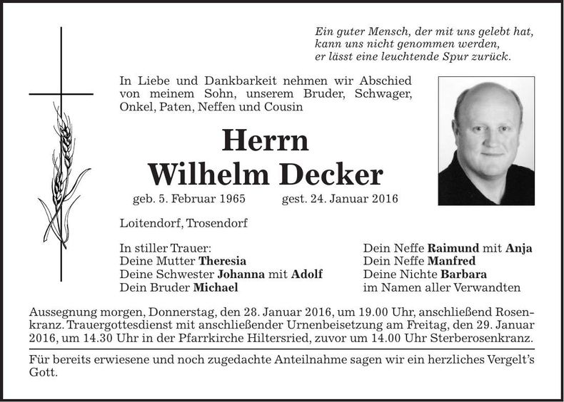 Traueranzeige Wilhelm Decker