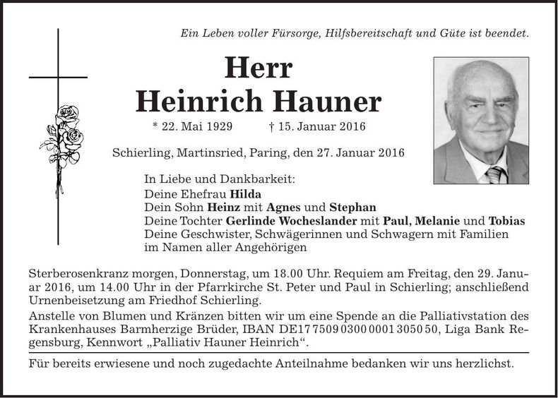 Traueranzeige Heinrich Hauner