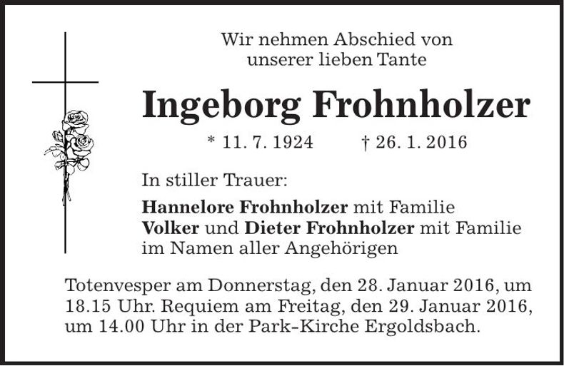 Traueranzeige Ingeborg Frohnholzer