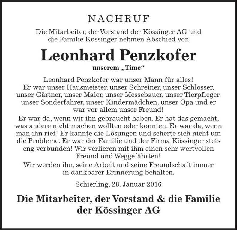 Traueranzeige Leonhard Penzkofer