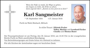 Traueranzeige Karl Sangmeister