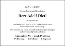 Traueranzeige Adolf Dietl