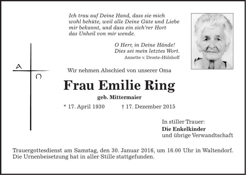 Traueranzeige Emilie Ring