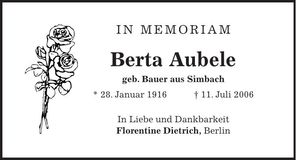 Traueranzeige Berta Aubele