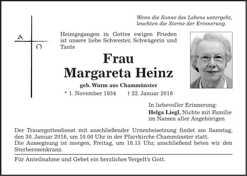 Traueranzeige Margareta Heinz