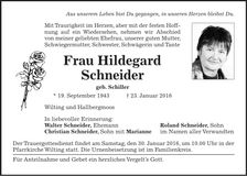 Traueranzeige Hildegard Schneider