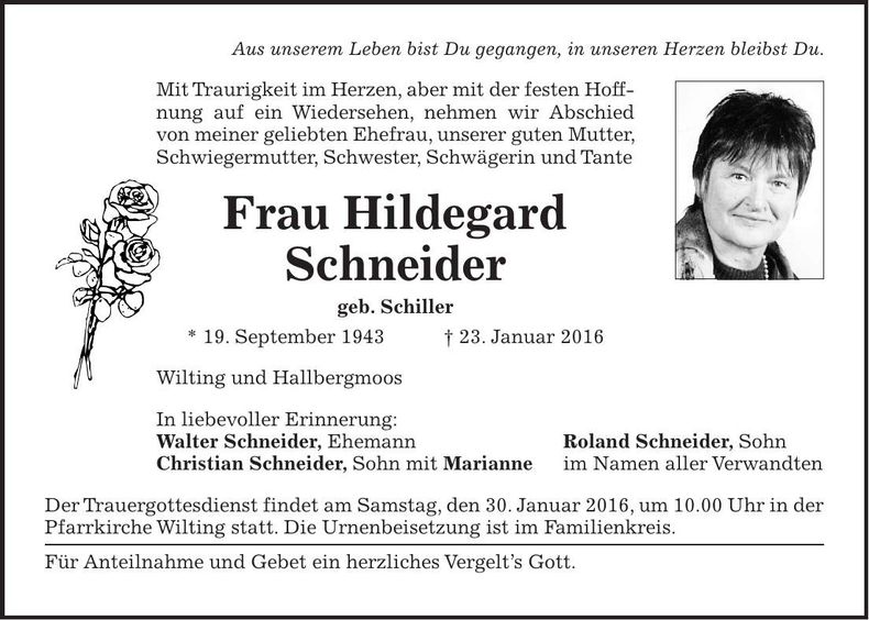 Traueranzeige Hildegard Schneider