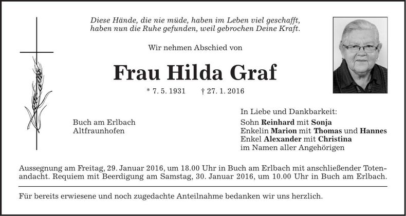 Traueranzeige Hilda Graf