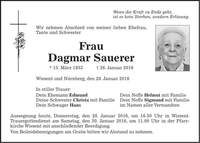 Traueranzeige Dagmar Sauerer