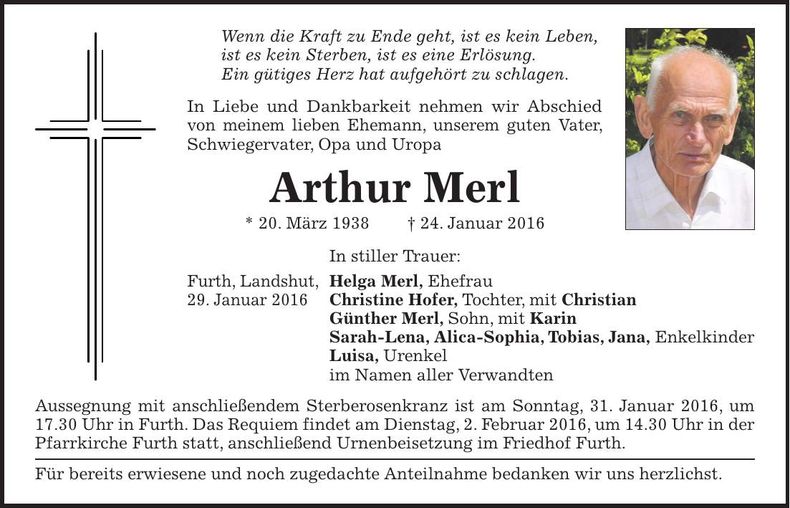 Traueranzeige Arthur Merl