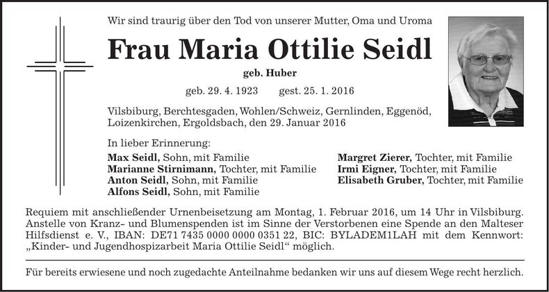 Traueranzeige Maria Ottilie Seidl