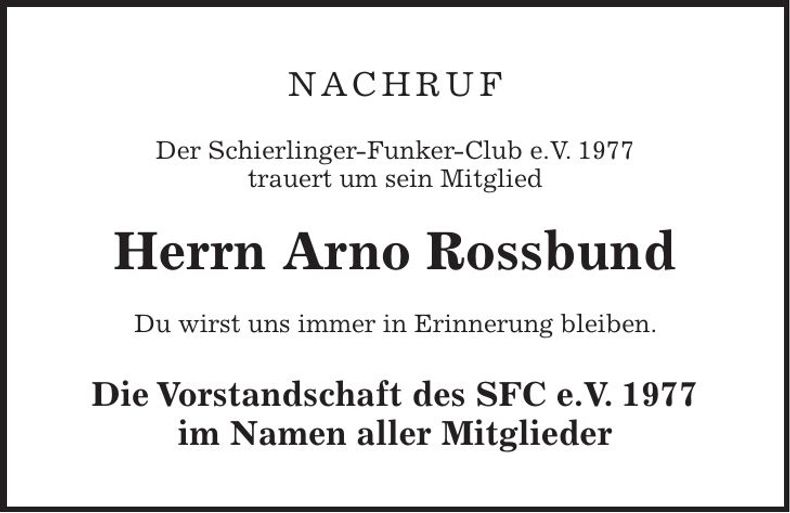 Traueranzeige Arno Rossbund