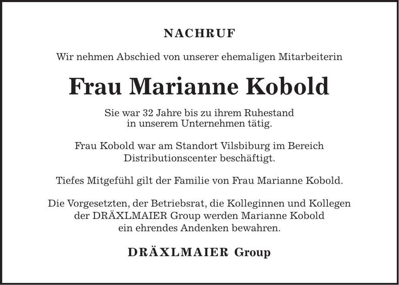 Traueranzeige Marianne Kobold