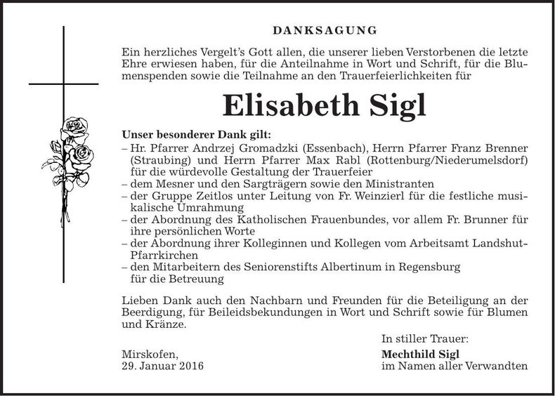 Traueranzeige Elisabeth Sigl